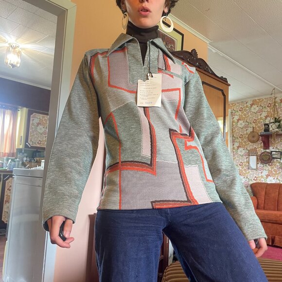 DEADSTOCK 1960s MOD dagger collar abstract long sleeve with Built in dickey! - Picture 1 of 16
